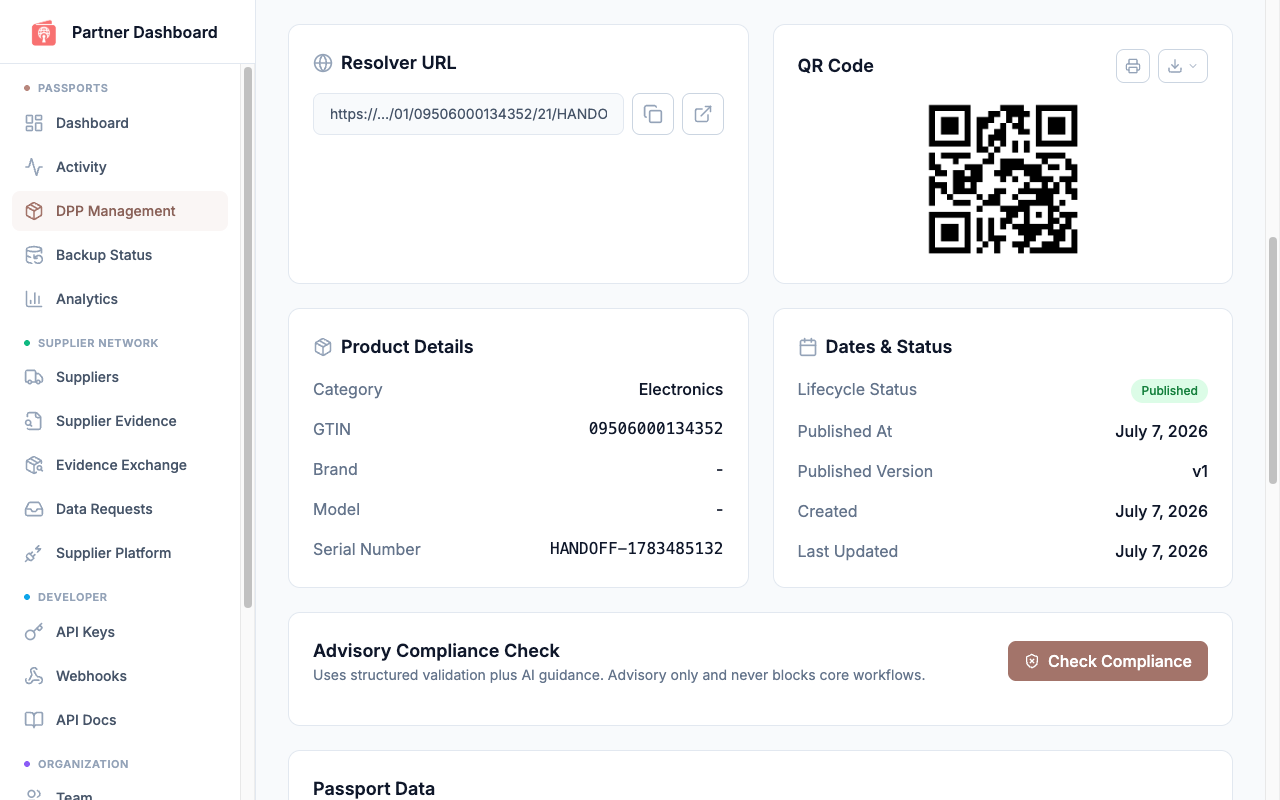 Manufacturer console — published passport